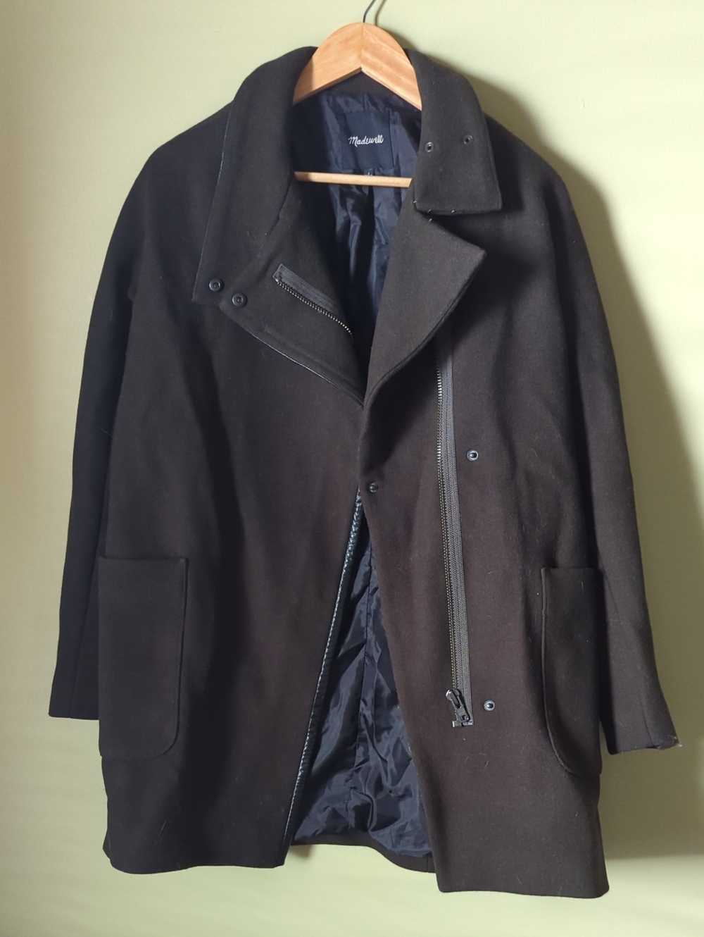 Madewell Women's Dark Olive-Brown Wool Pea Coat with Asymmetric Zip